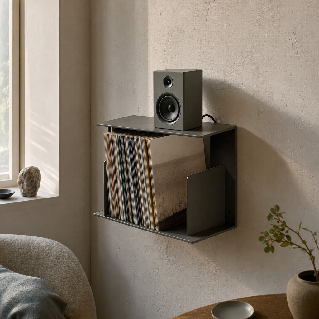 Caieta Record Shelf, wall storage for 12 kg total; 8 kg records and 4 kg speaker