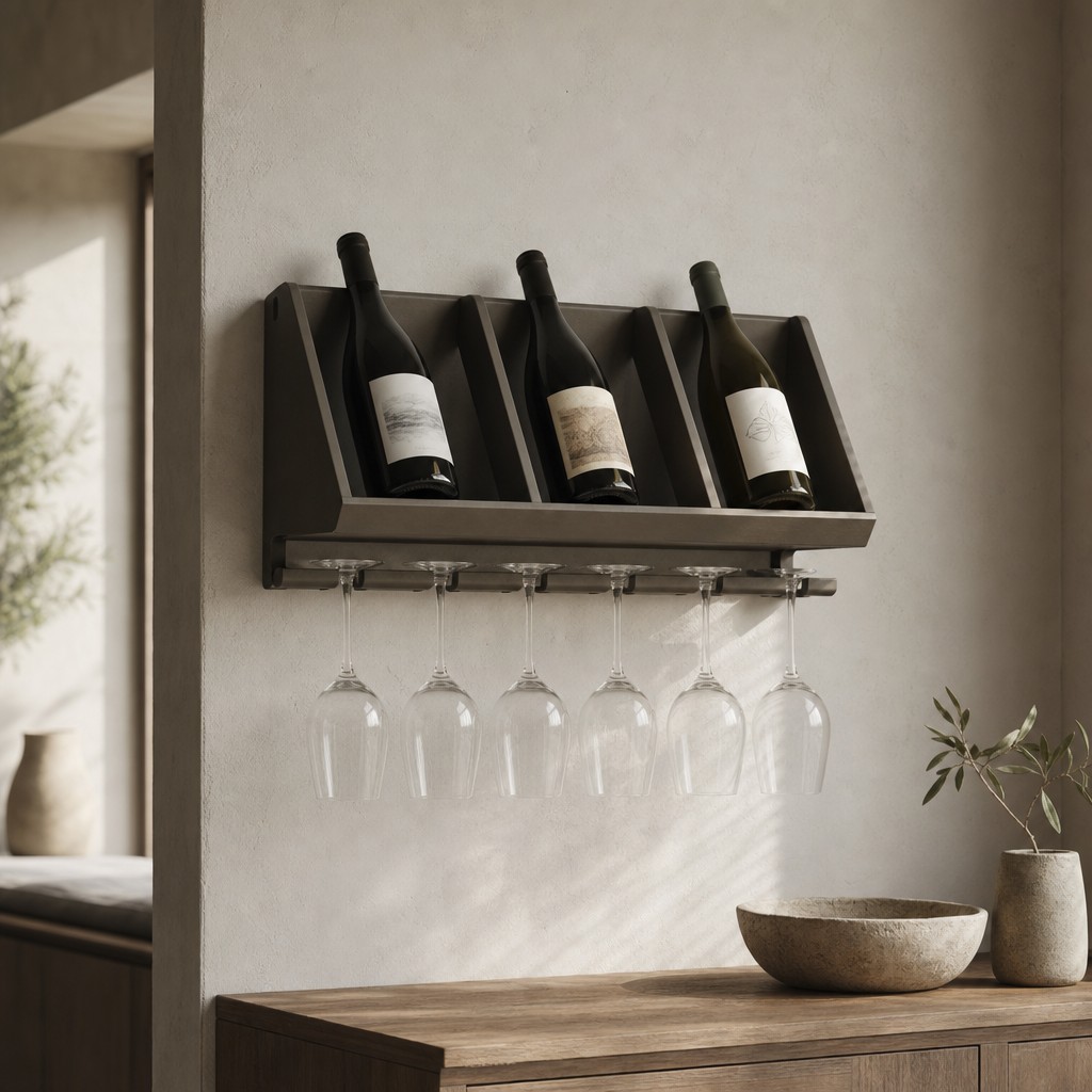 Caere Bottle Cradle, wall storage for 12 kg total; up to 3 bottles and 6 stemmed glasses