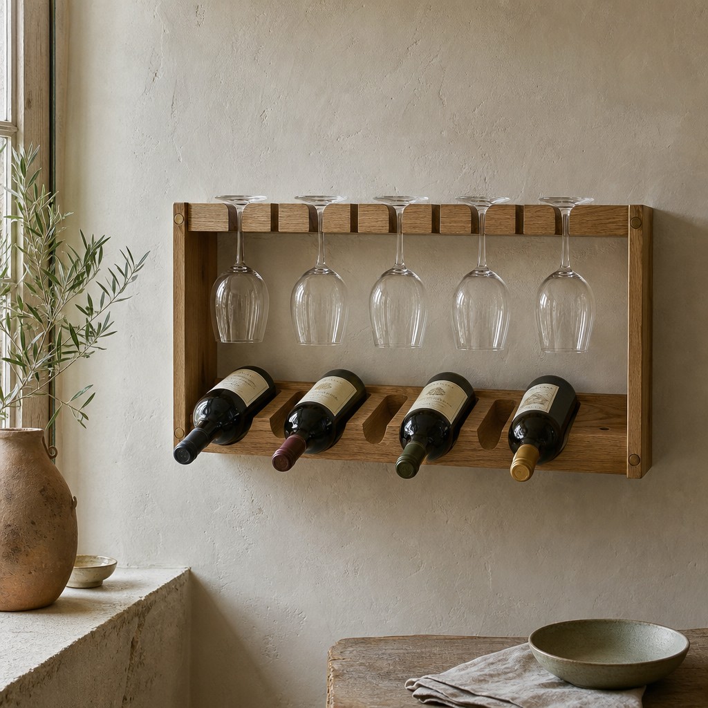 Falerii Stem Rack, wall storage for 4 wine bottles and 6 stemmed glasses